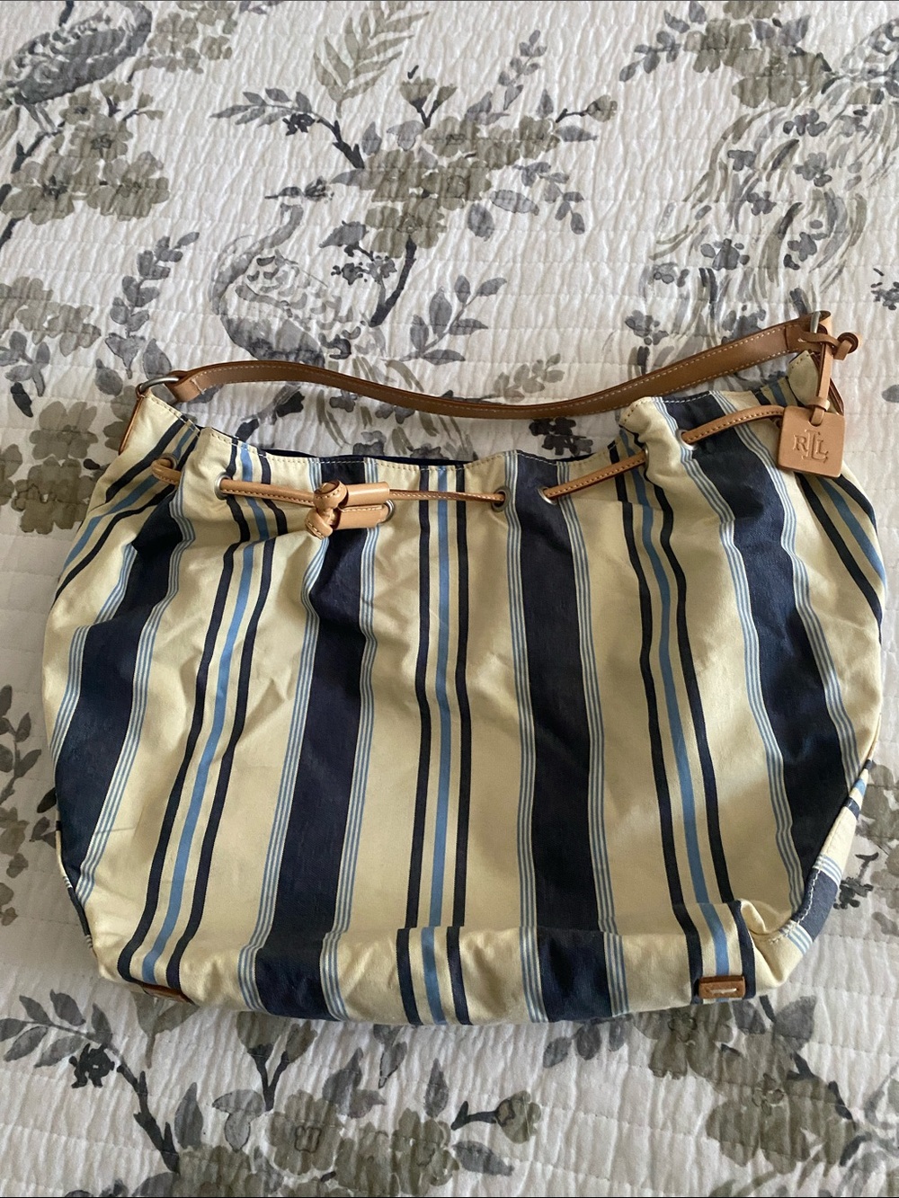 Ralph Lauren Navy & Cream Striped Canvas Shoulder Hobo